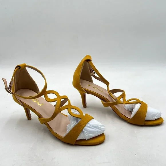 FSJ Yellow Strappy Ankle Strap Open Toe High Heel Caged Cutout T-Strap Sandals - Picture 4 of 8